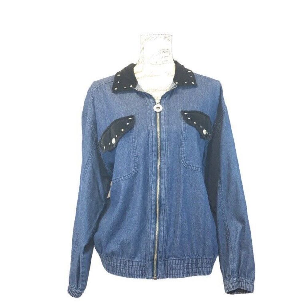 MURELI Jean Jacket M Black Velour Pocket Flap Zip Bling‎ Rhinestone